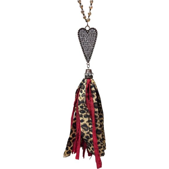 Leopard Heart Tassel Beaded Necklace Gold Rhinestone Leopard Red - Picture 2 of 6